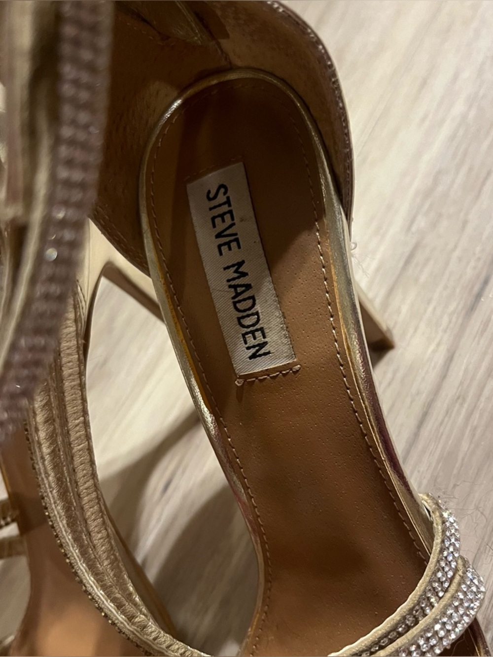 Steve Madden Gold Silver Rhinestone Strappy Stiletto Sandals - Picture 5 of 5